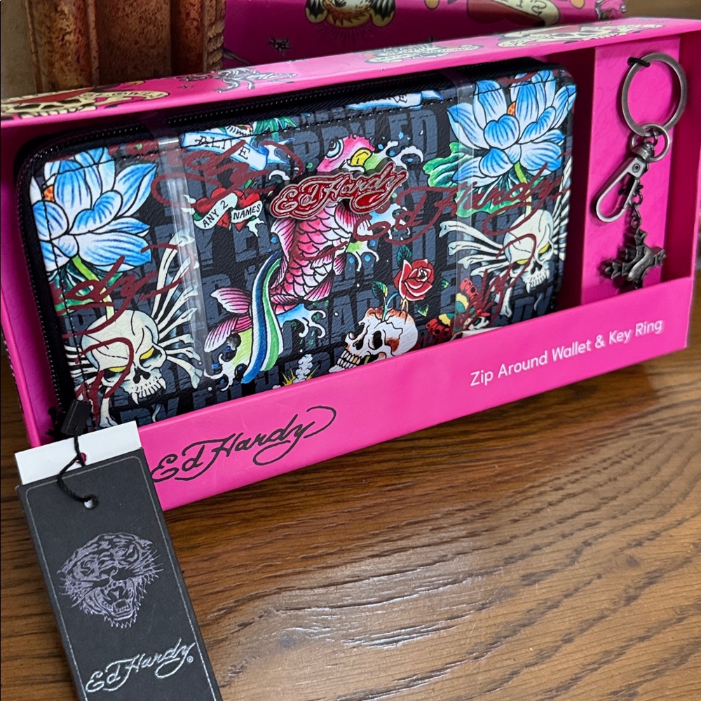 Ed Hardy Multicolor Tattoo-Inspired Zip around Wallet with Keychain